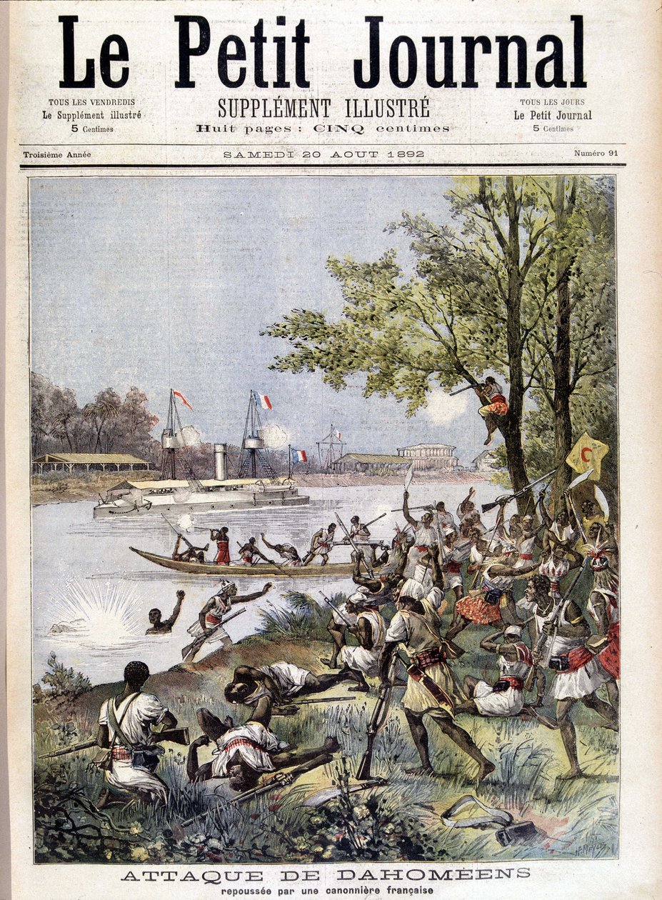 Ranskalaisen tykkiveneen torjunut dahomélaisten hyökkäys - "" Le Petité Journal" -lehdessä 20.8.1892 tekijältä Unknown artist