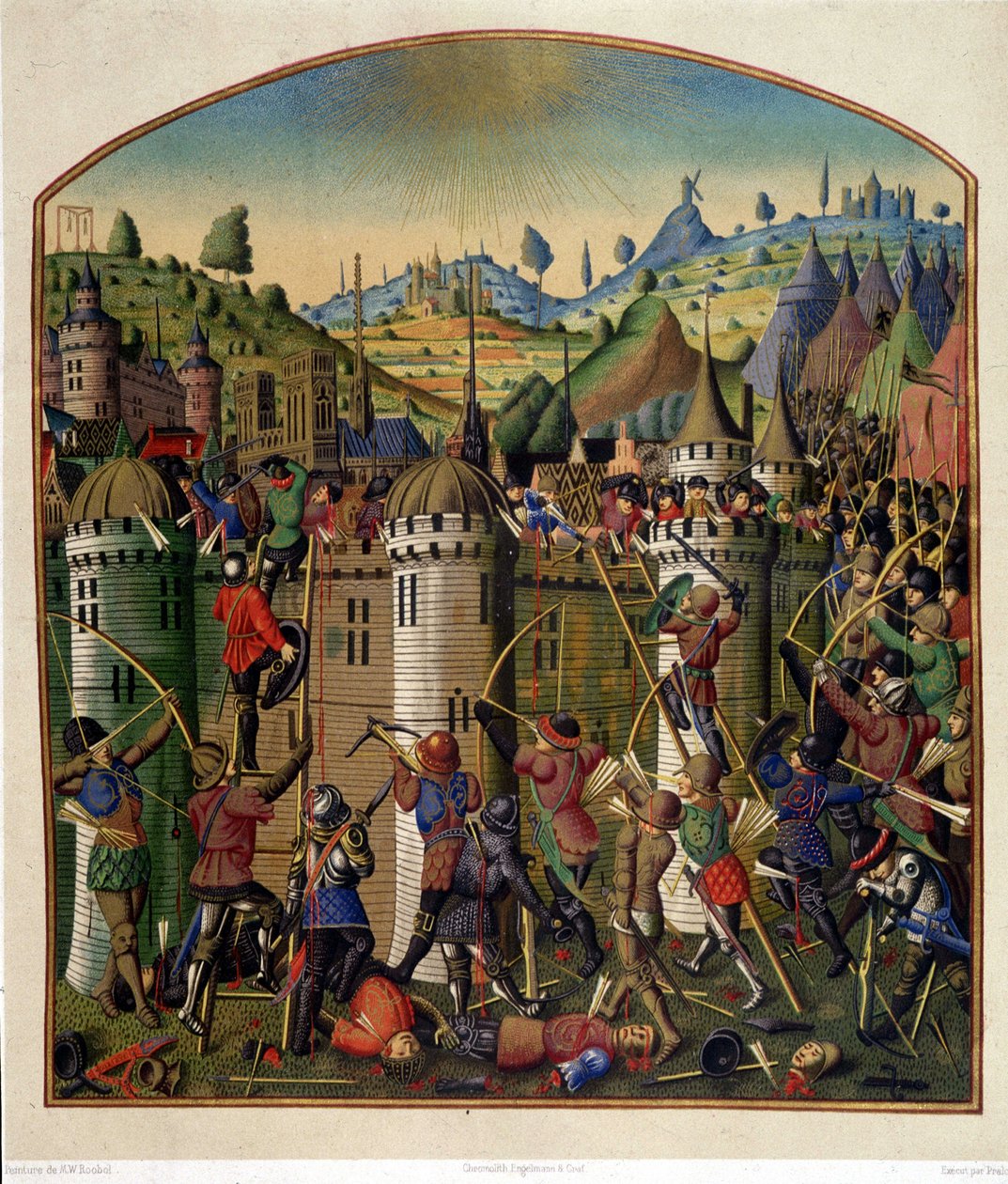 Hyökkäys Philippe Augusten linnaan, josta on näkymät Pariisiin ja Montfauconin hirsipuuhun 100-vuotisen sodan aikana, 1400-luvun puolivälissä. tekijältä Unknown artist
