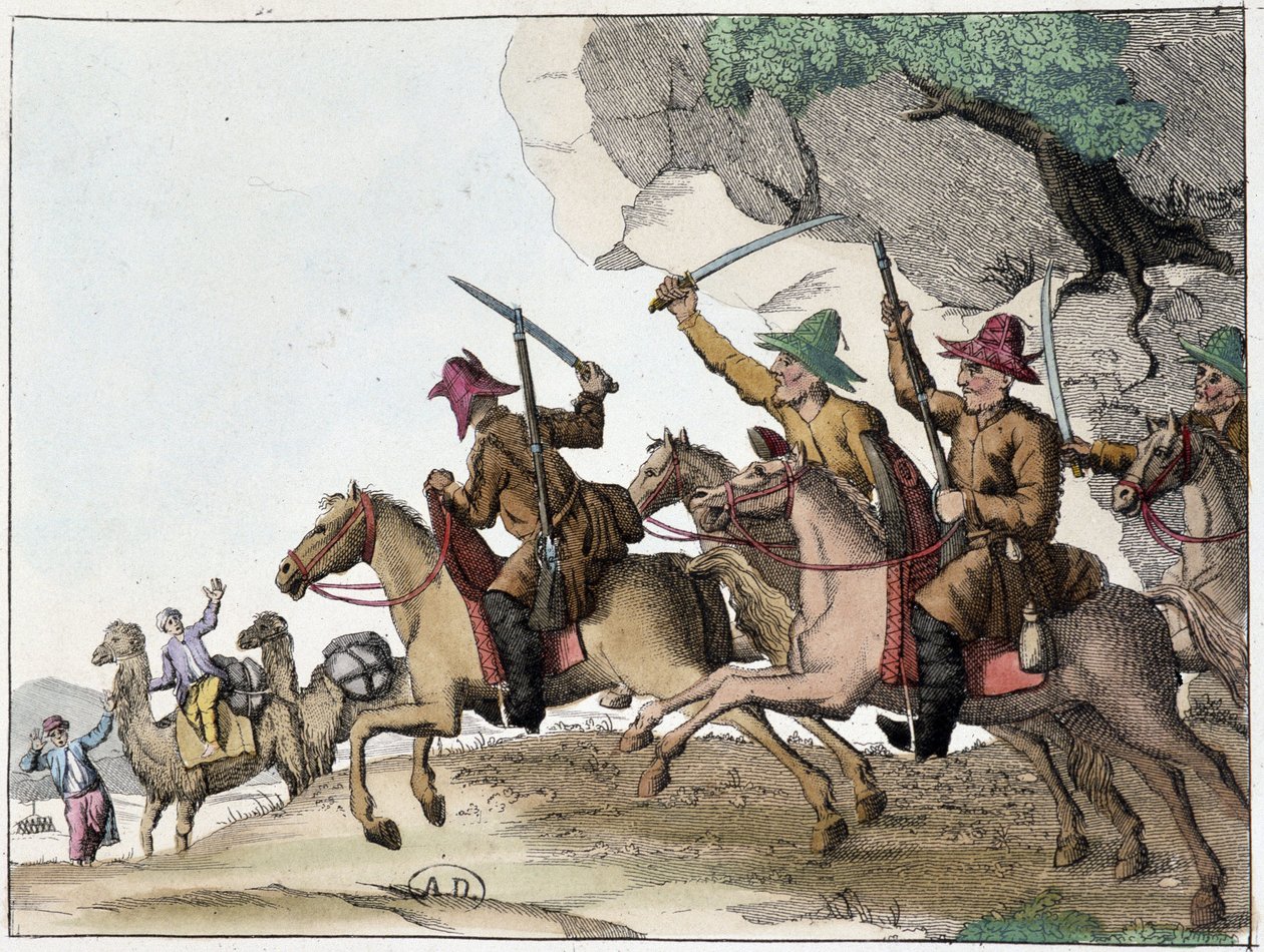 Kirgisejä (Mongolialaista alkuperää olevia Keski-Aasian turkkilaisia) hyökkäys kamelin karavaaniin hevosen selässä, Deb. 1800-luvulla tekijältä Unknown artist