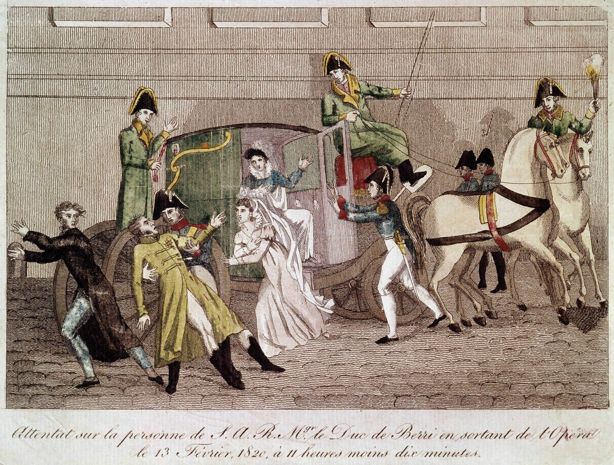 Hyökkäys Berryn herttua vastaan, Louis Pierre Louvel poistuessaan oopperasta 13. helmikuuta 1820. Kaiverrus 1800-luku. tekijältä Unknown artist