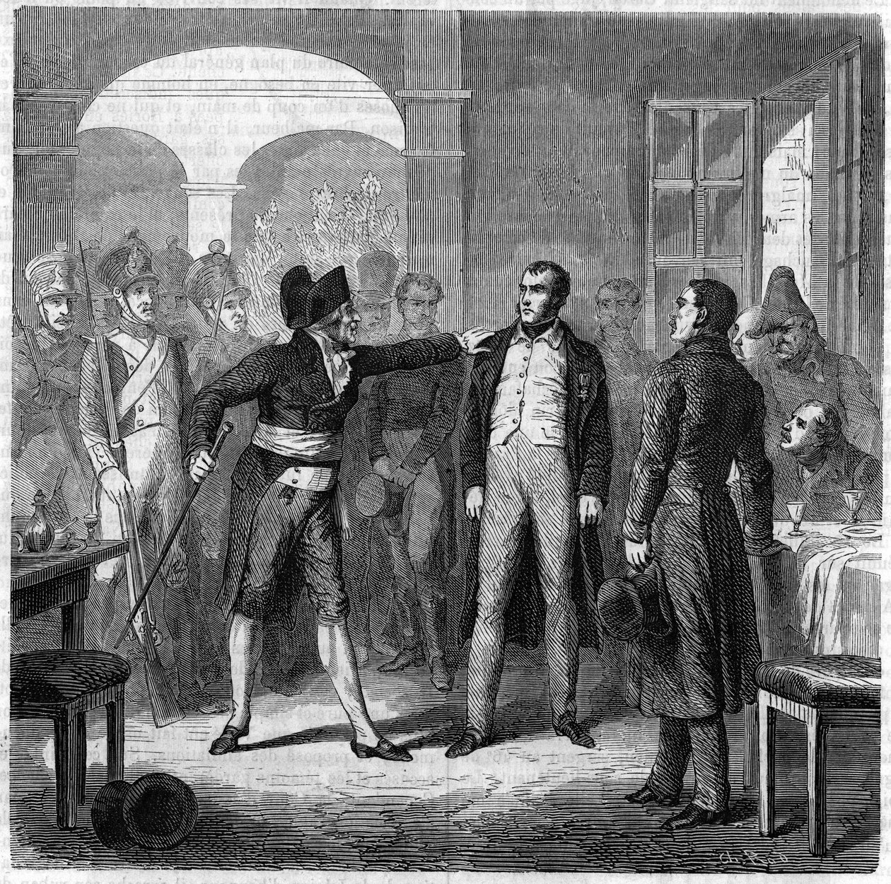Toulonin kaupungin kapinayritys: Carbonaron (hiilenvalmistaja) Armand Vallen, Napoleonin Armeesin entisen kapteenin, pidätys vuonna 1822. tekijältä Unknown artist