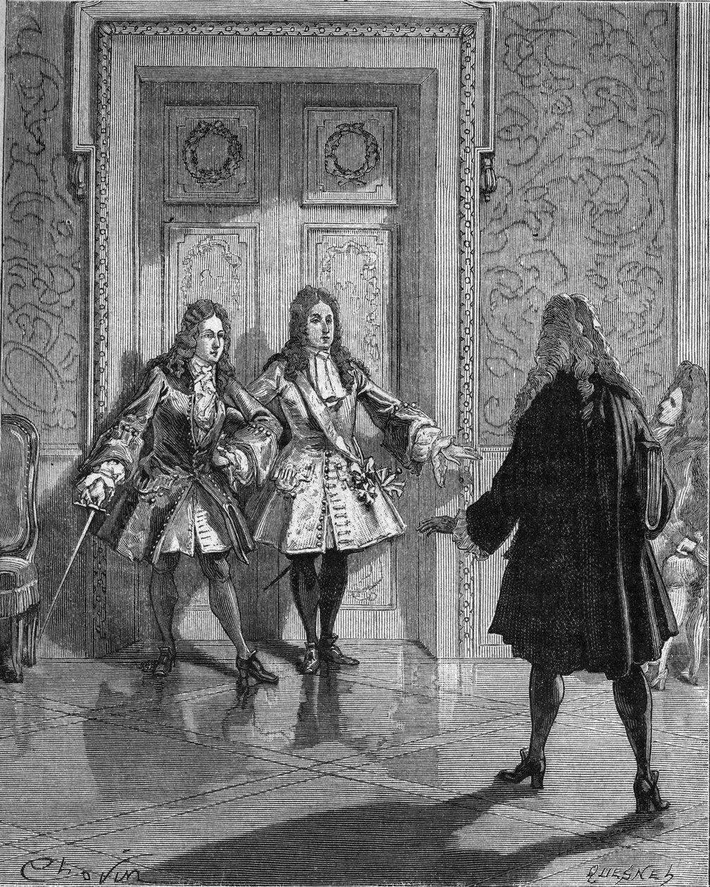 Elokuu 1718: Saint Simon (Saint-Simon) (Louis de Rouvroy, herttua) (1675-1755) esti kulkuyhteyden Mainen herttualle (Louis Auguste (Louis-Auguste) Bourbon) (1670-1736). Kaiverrus 1800-luvulta. Jules Micheletin teoksessa "Histoire de France". tekijältä Unknown artist