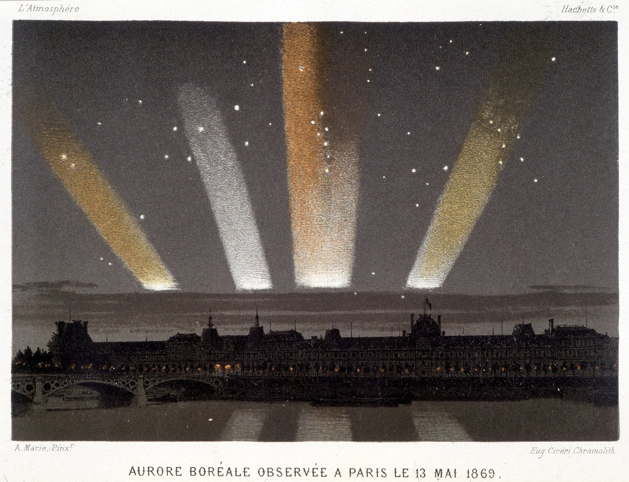 Aurora Borealis havaittiin Pariisissa 13.5.1869 - Amédée Guilleminin teoksessa "" Magnetism and Electricity" tekijältä Unknown artist