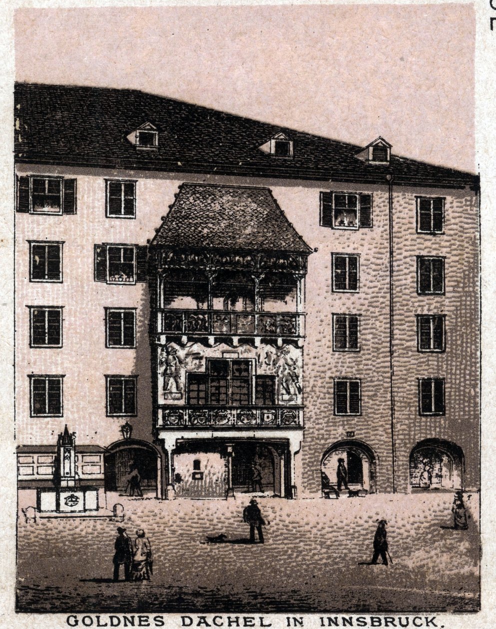 Itävallan Tiroli: Näkymä parvekkeelta sanoo Golden Roof (Goldnes Dachel) Innsbruckissa. kirjassa "" Maailma havainnollistaa 168 näkymää"" Päiväämätön (1800-luvun loppu) tekijältä Unknown artist