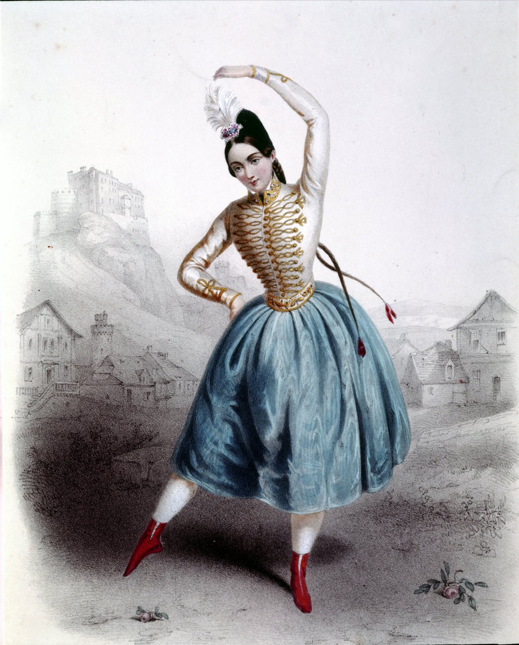 Itävaltalainen tanssija Fanny Elssler (1810-1884) baletissa "The Krakow" (La gipsy) 1842 1800-luvun vedos tekijältä Unknown artist