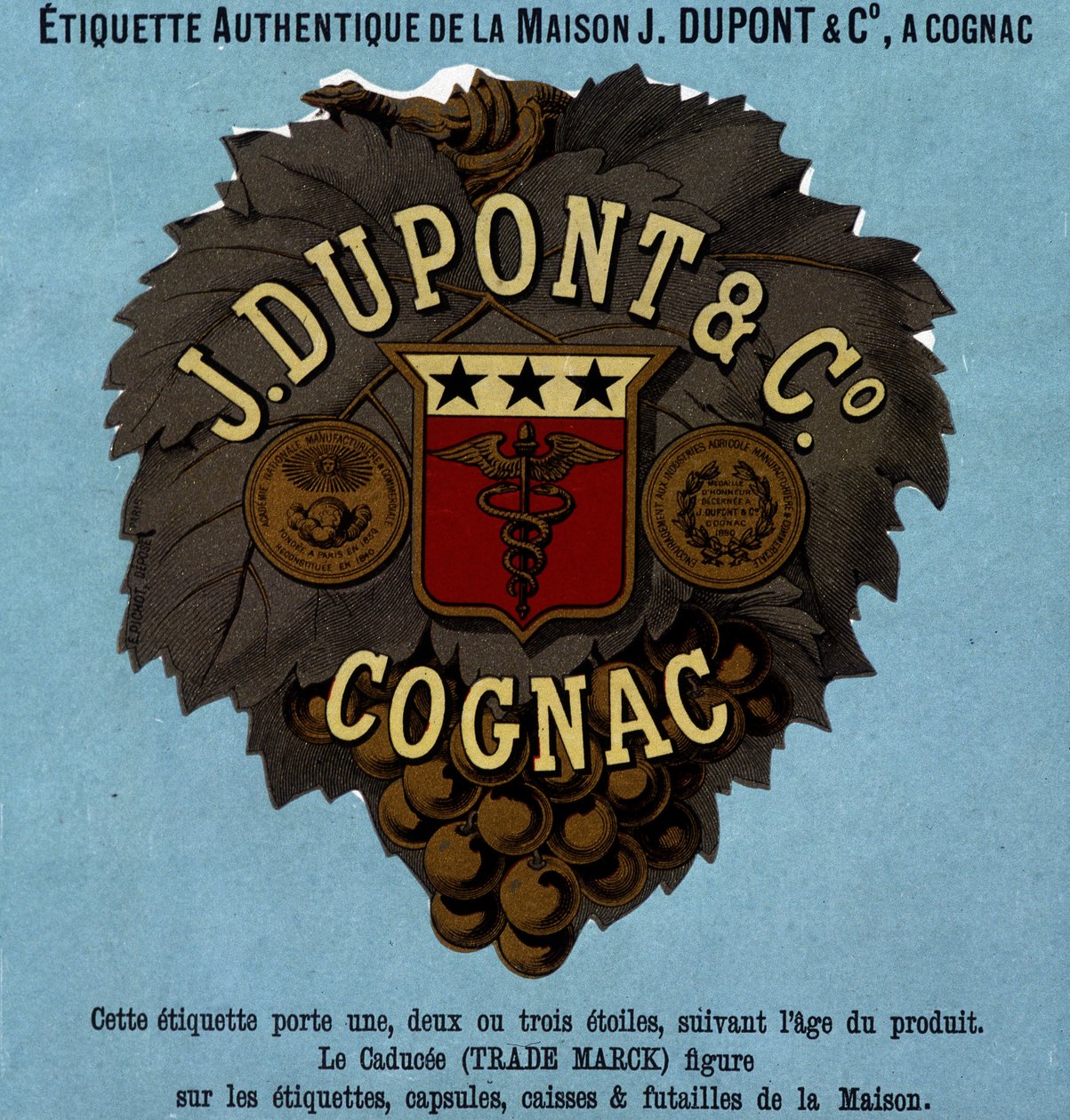 Aito etiketti J. Dupont & C¡, Cognac. 1882 painos tekijältä Unknown artist