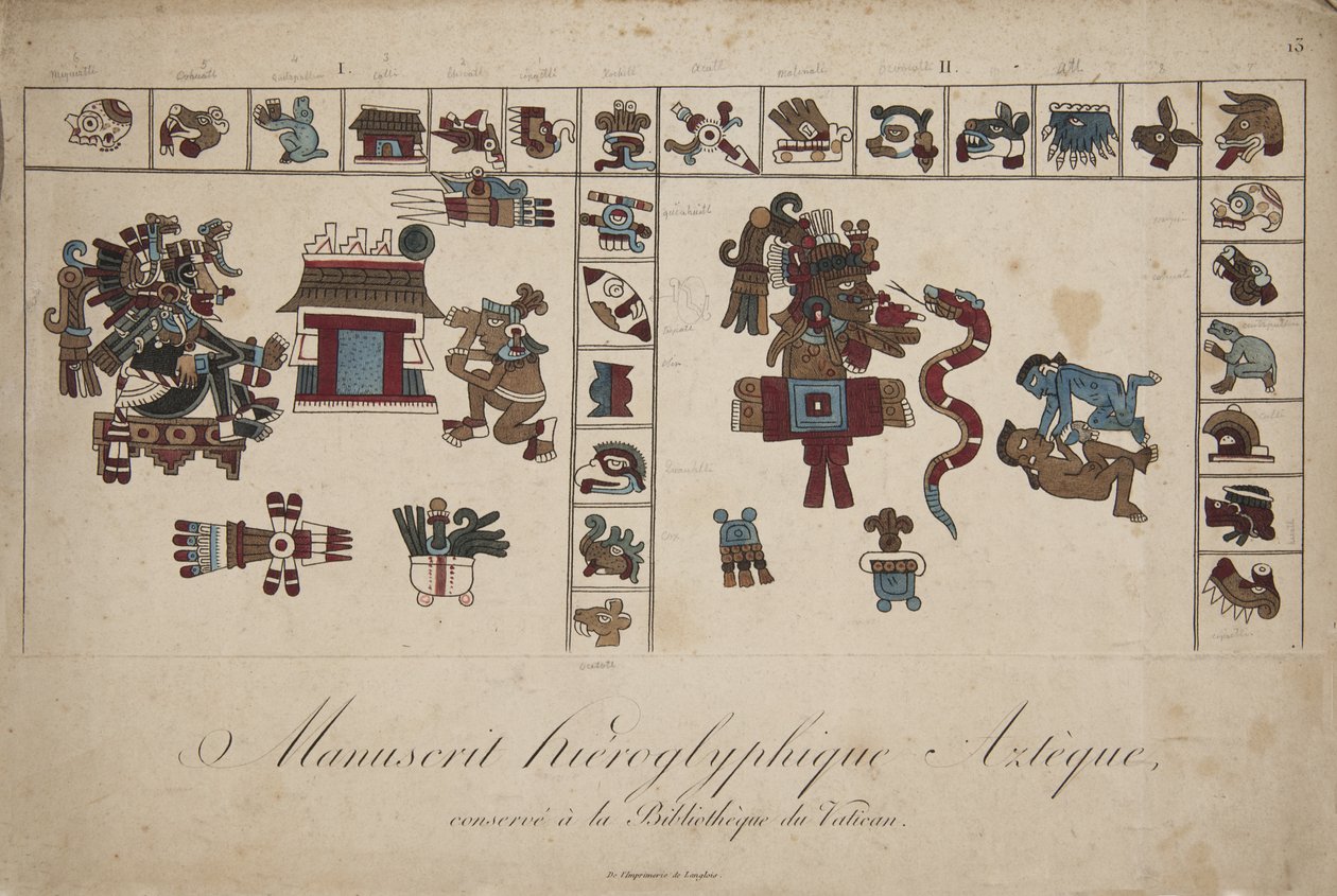 Atsteekkien hieroglyfikäsikirjoitus Vatikaanin kirjastossa (litografia) tekijältä Unknown artist