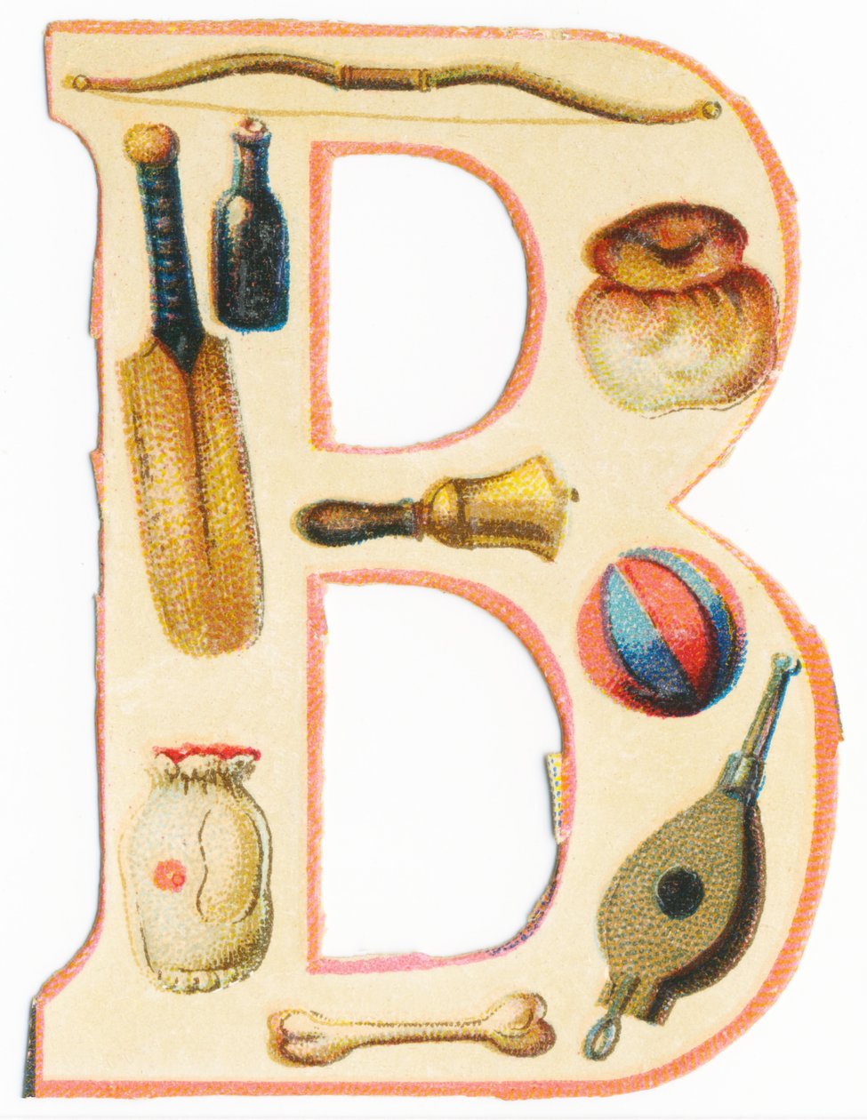 B: jousi, pesäpallomaila, pullo, briossi, kello, ilmapallo, luu, laukku, palkeet (väri litho) tekijältä Unknown artist