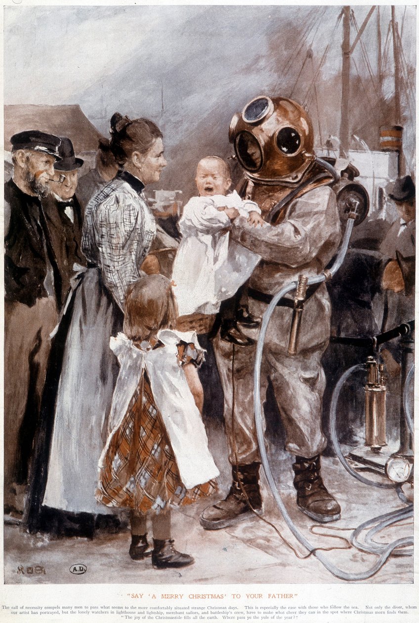 Vauva itkee isänsä skaphandlerin sylissä. tekijältä Unknown artist