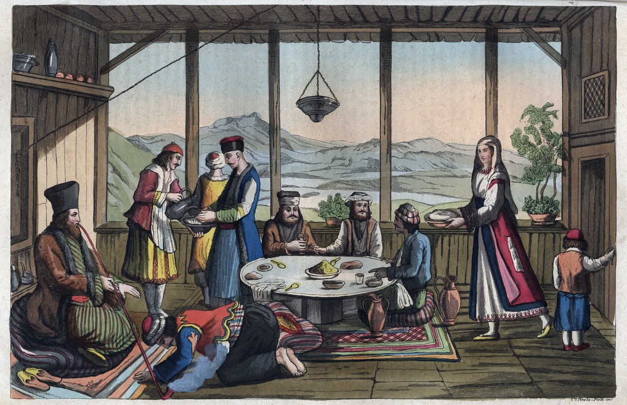 Juhlakohtaus Kreikassa 1800-luvulla - kaiverrus kirjasta "Kaikkeuden kaikkien kansojen tavat ja perinteet". Eli kaikkien kansojen hallituksen, lakien, miliisin, uskonnon historia kaukaisimmista ajoista nykypäivään "1856 tekijältä Unknown artist
