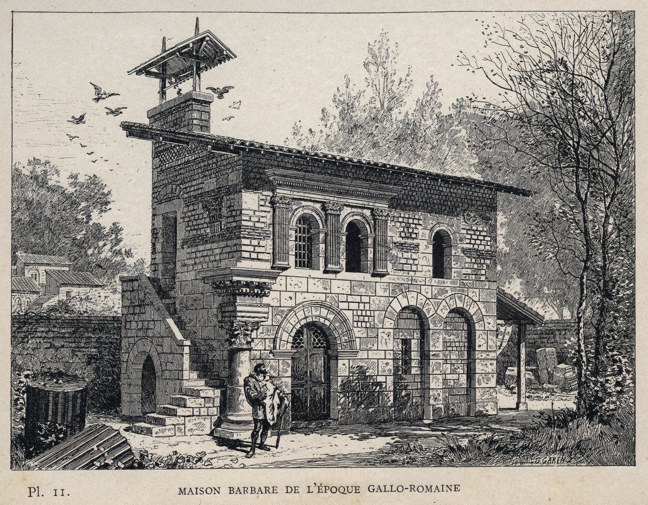 Gallo-roomalaisen aikakauden barbaaritalo (gallo-roomalainen) - (Gallo-roomalaisen aikakauden barbaaritalo) -kaiverrus vuodelta 1889 Charles GARNIERin teoksessa "Ihmisasumisen historia vuoden 1889 yleisnäyttelyssä - Librairie centrale des beaux-arts Paris  tekijältä Unknown artist