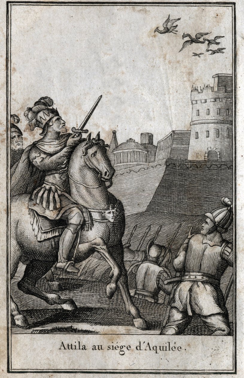 Barbaarien hyökkäykset - Attila (n. 406-453), hunnien kuningas, Aquileen (Aquileia) piirityksen aikana Italiassa, 452. Kaiverrus P. J. B. N. 1814:n "Beaute de l