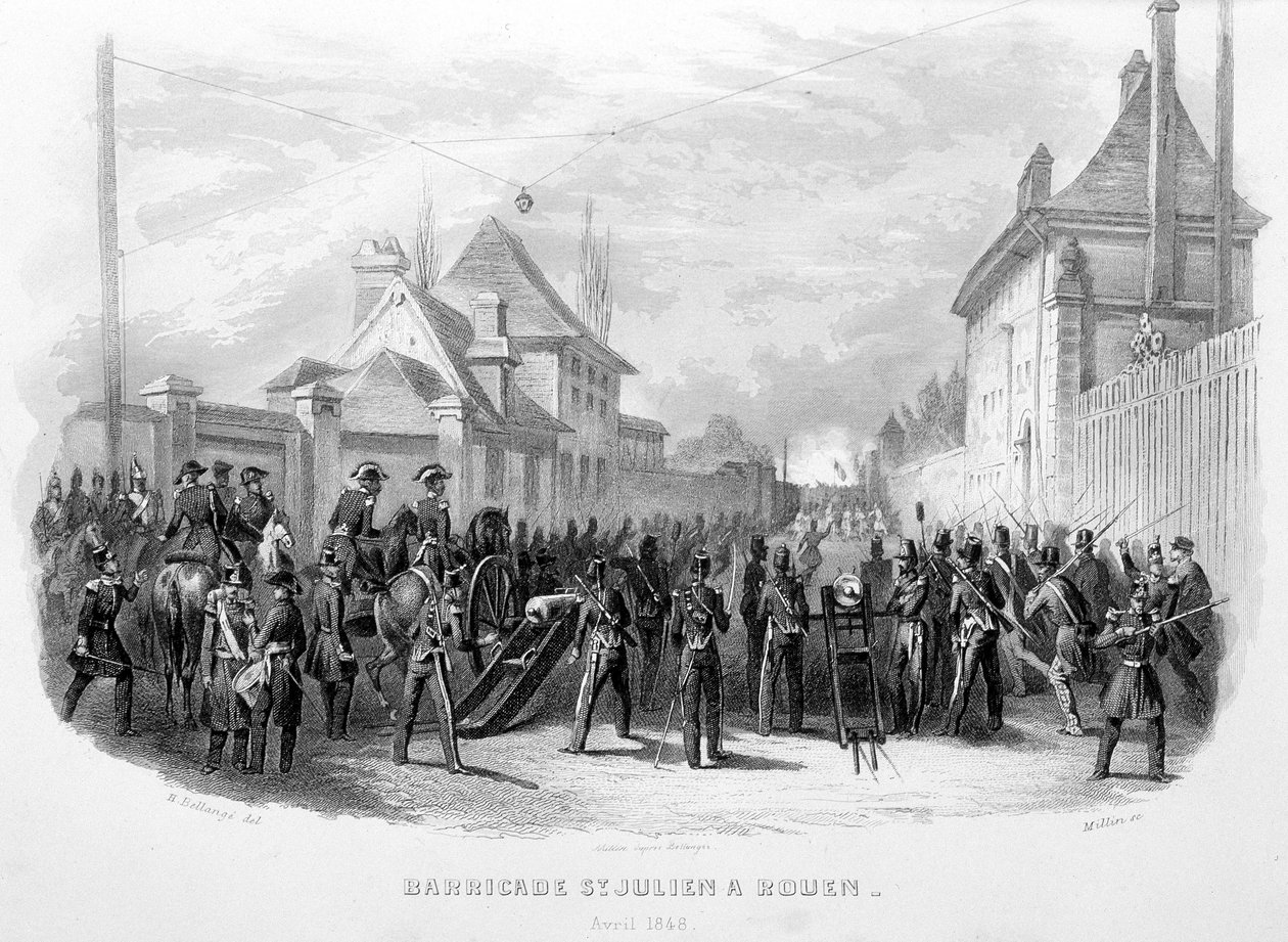 Barrikadi Saint Julien Rouenissa, huhtikuu 1848 - "Fasttes de Gardes Nationales de France" tekijältä Unknown artist