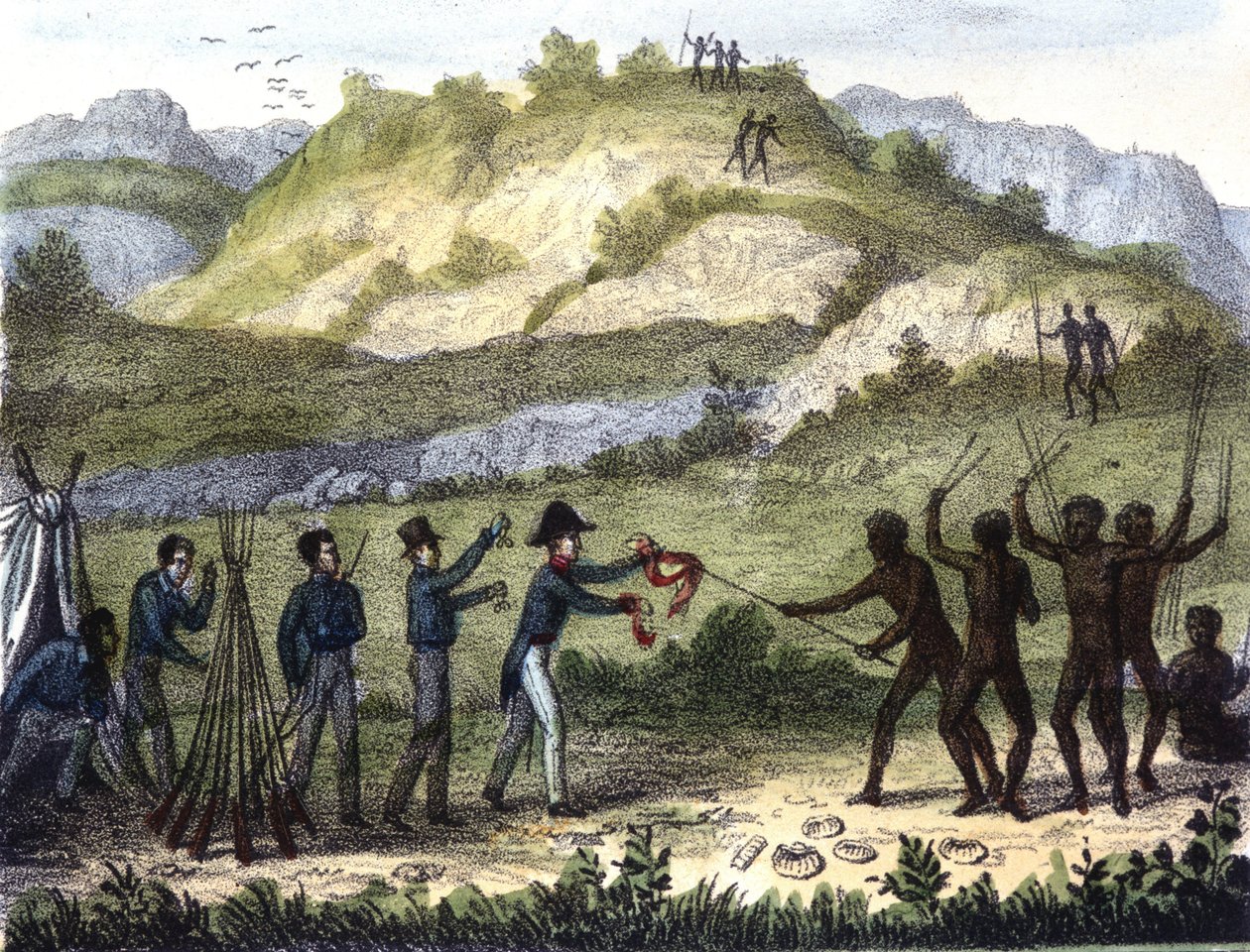 Vaihtokauppa alkuperäiskansojen ja länsimaalaisten välillä "" Razze e popoli della Terra" -kirjan jälkeen, 1800-luvun alku. tekijältä Unknown artist