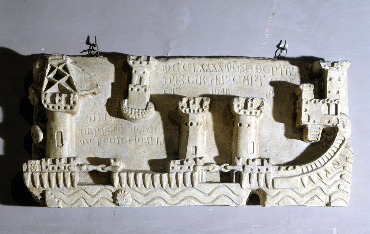 Bareljeef, joka edustaa vanhaa Pisan satamaa. Huomaamme satamaan pääsyn estävät ketjut, jotka Genova otti palkintona Korsikaa vastaan käydyn Melorian taistelun jälkeen. Genova, Peglin merimuseo. 1290. tekijältä Unknown artist