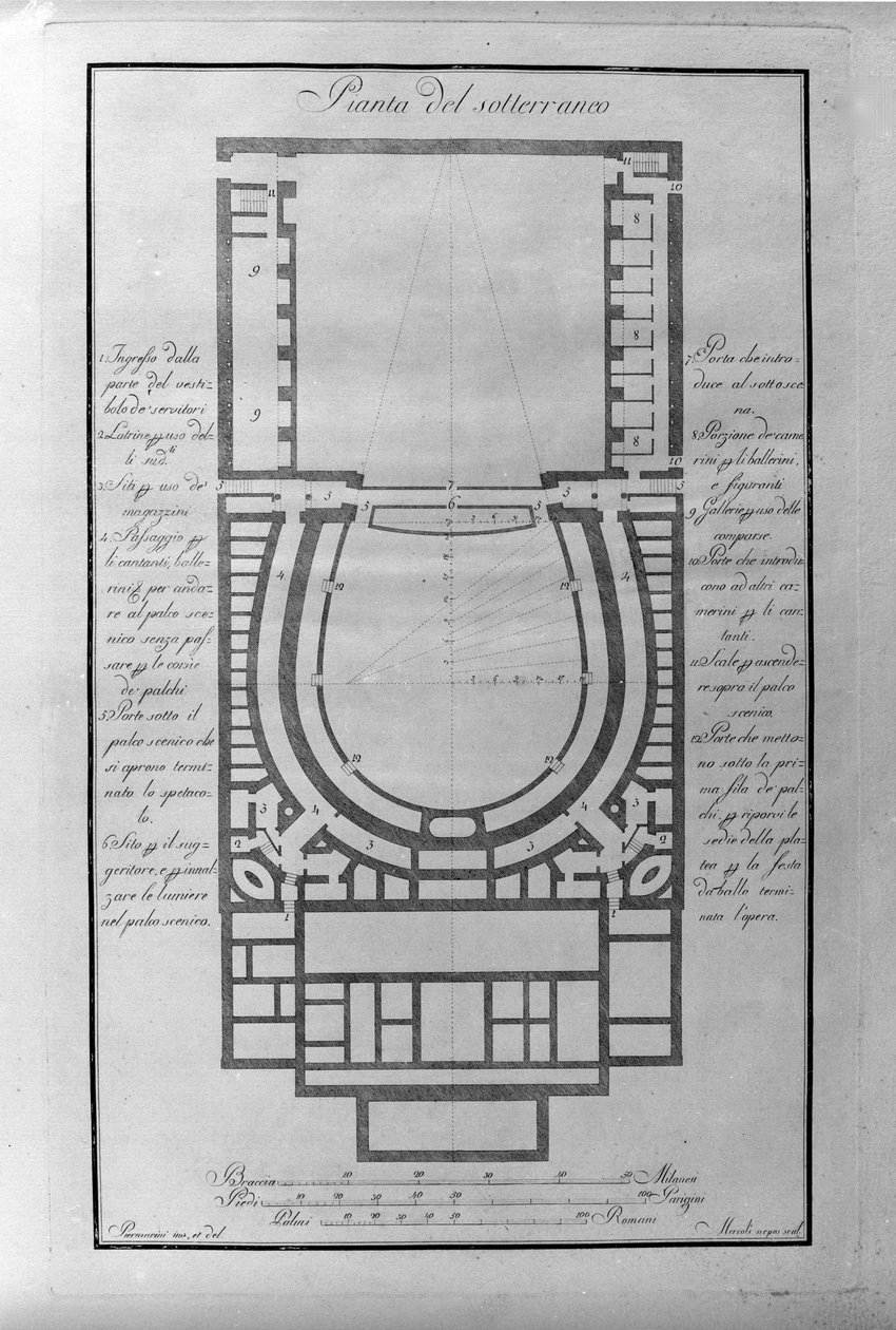 Milanon teatteri de la Scala kellarisuunnitelma n. 1776-1778 Italia (Teatro alla scala) (Milano Scalan teatterin maanalaisen arkkitehtoninen kartta) Kaiverrus tekijältä Unknown artist