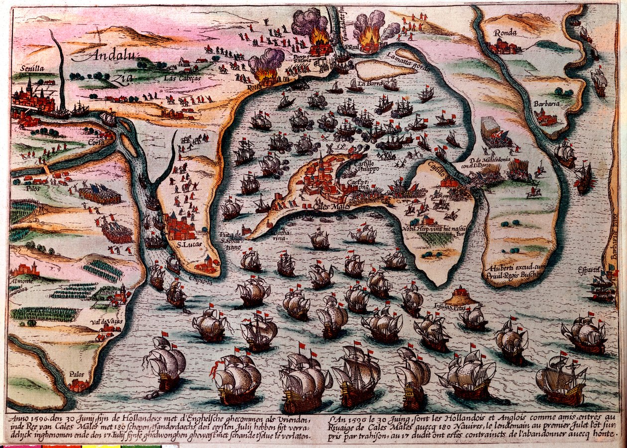 Cales Malesin taistelusuunnitelma (Espanja) 30. kesäkuuta 1596. Hollannin ja Englannin armeijan laivasto saapuu ystävinä Cales Malesiin 180 aluksella. Seuraavana päivänä, 1. heinäkuuta, maanpetoksesta yllättäen heidän täytyi hylätä kaupunki häpeästi. Kaive tekijältä Unknown artist