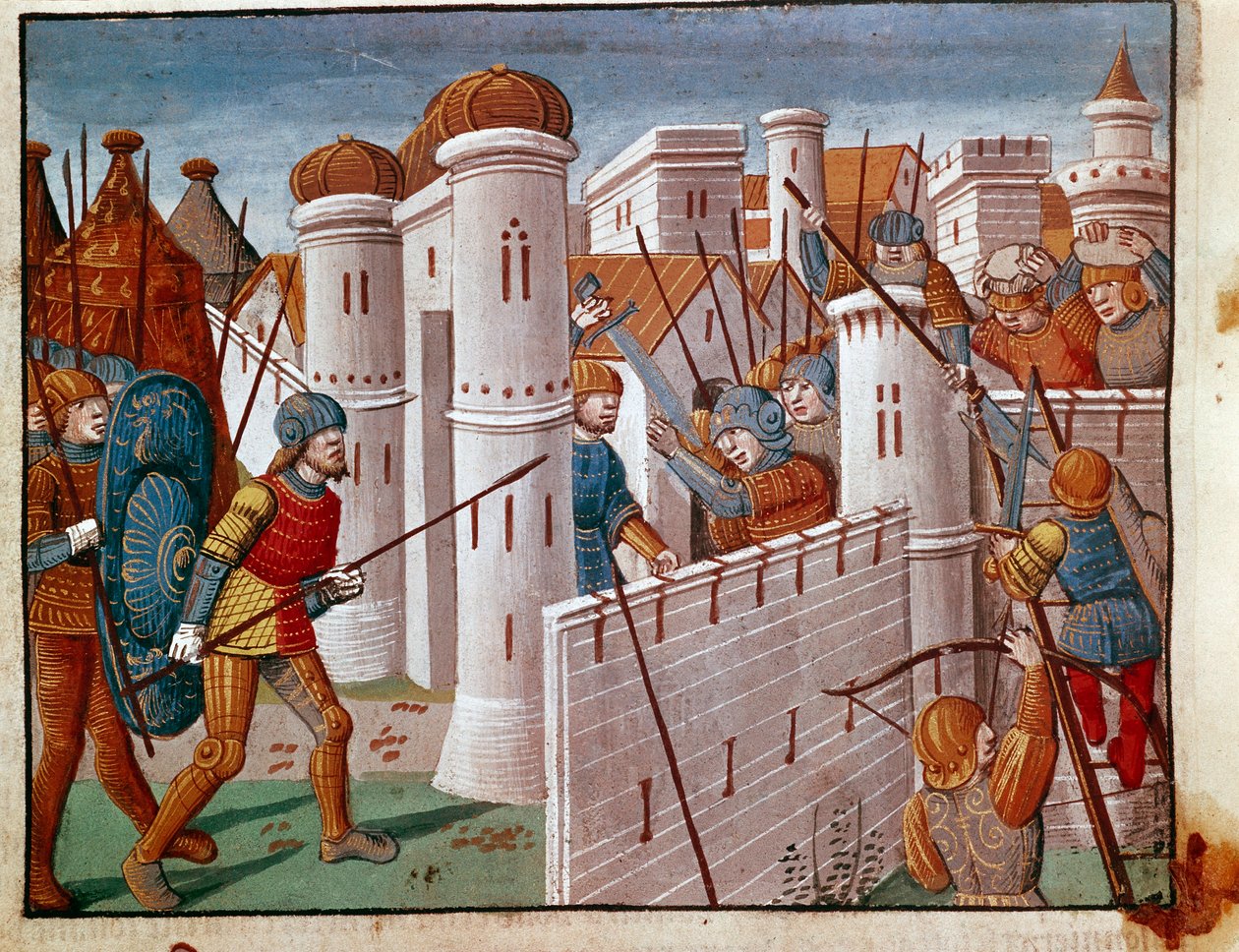 Taistelu pienoiskaupungin vallien juurella, jotka on otettu "The Facts of the Romans" -kirjasta, jossa kerrotaan kahdentoista Cesarin elämästä. 1200-luvun Venetsia, biblioteca Marciana tekijältä Unknown artist