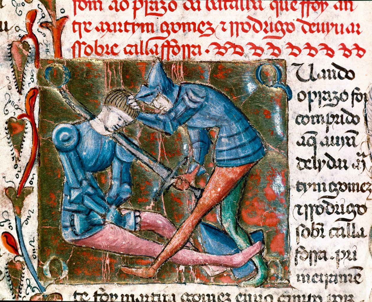 Taistelu Rodrigo Diaz de Vivar dit Le Cidin (1043-1099) ja Martin Gomezin välillä. Pienoiskuva "" Espanjan kronikat"" tekijältä Unknown artist