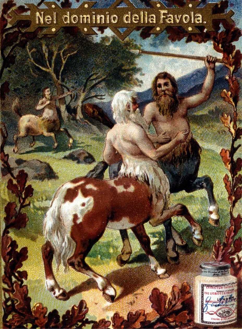 Taistelu kentaurien välillä. Mainosvinjetti. 1800-luvun lopun kromolitografia. tekijältä Unknown artist