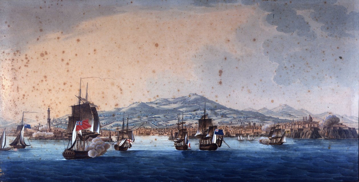 Taistelu Genes Harborissa ranskalaisten ja englantilaisten alusten välillä. Andre Massena johtaa Genesin pääkonttoria. Anonyymi maalaus 1800-luvulta. Museo Navale de Genova Pegli. tekijältä Unknown artist