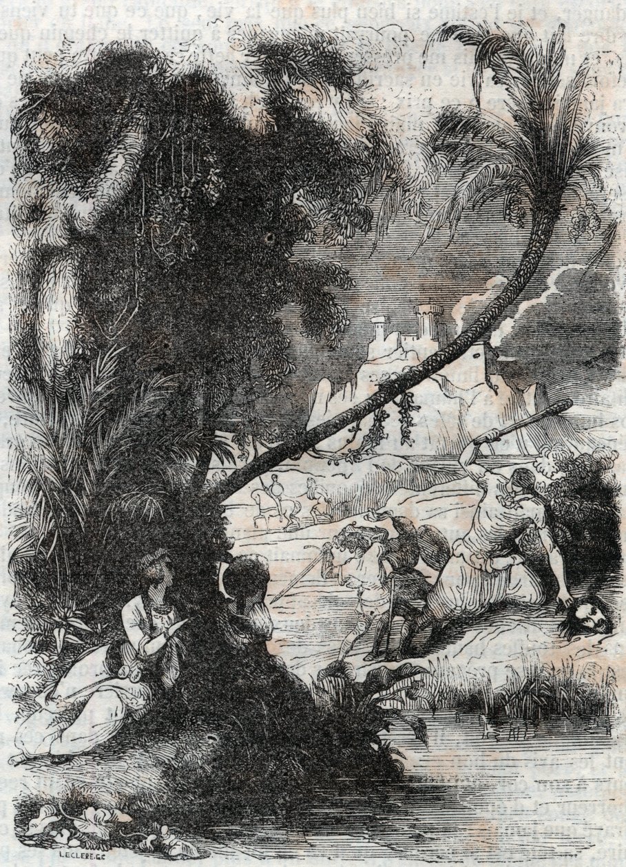 Griffonin ja Aquilantin taistelu Orrilea vastaan - kaiverrus vuodelta 1851 Ludovico Ariostosta "" Furious Roland"" (Orlando furioso) (1500-luku), joka tunnetaan nimellä Ariosta - Tressanin kreivin italiasta kääntämä painos ja kustantaja Gustave Harvard tekijältä Unknown artist