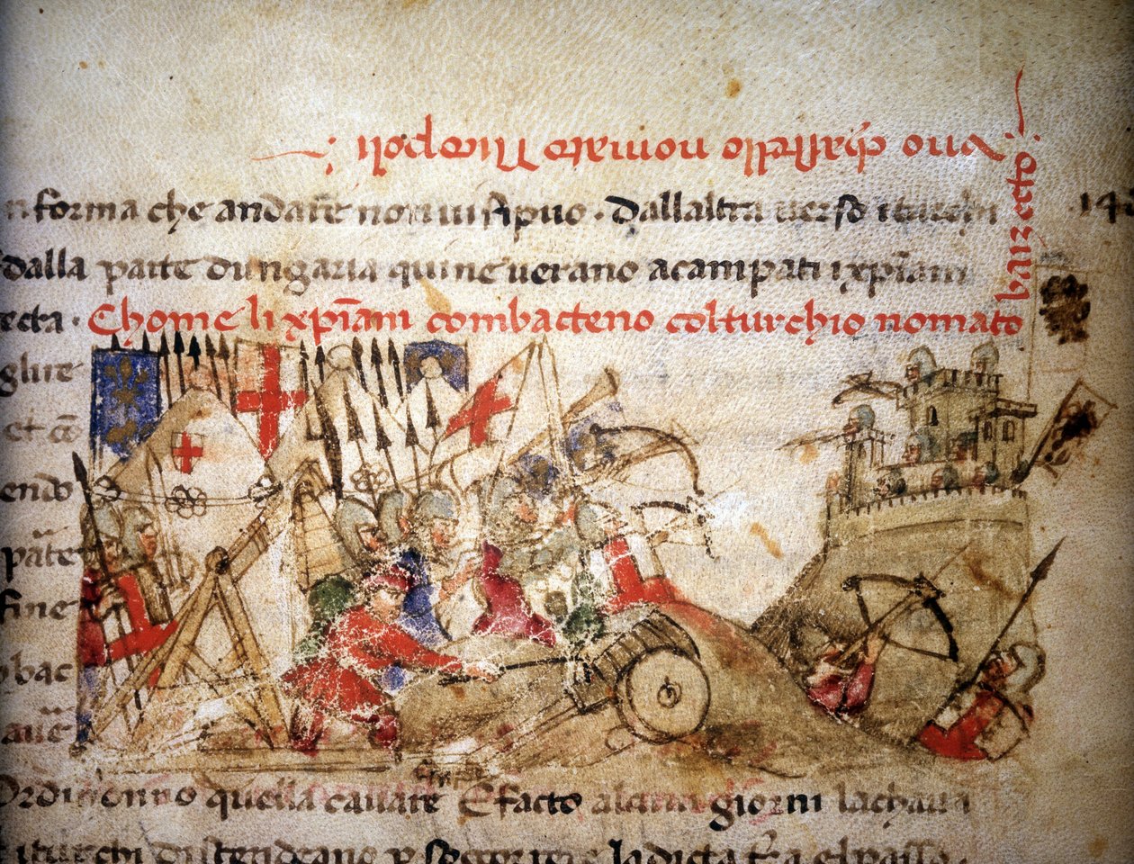 Nikopoliksen taistelu: Bayazid I:n (Turkki) tappio kristityt 28.9.1396 - "" Croniche del Sercambissa", noin 1400. Kansallisarkisto, Lucca. tekijältä Unknown artist