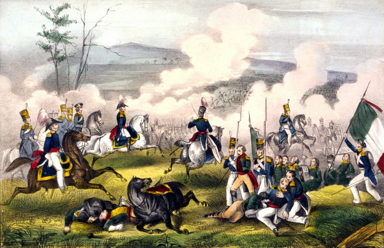 Palo Alton taistelu: 8.5.1846 2900 amerikkalaisen kenraali Taylorin ja 6000 meksikolaisen välillä kenraali Aristan johdolla. Kaiverrus 1800-luku. tekijältä Unknown artist
