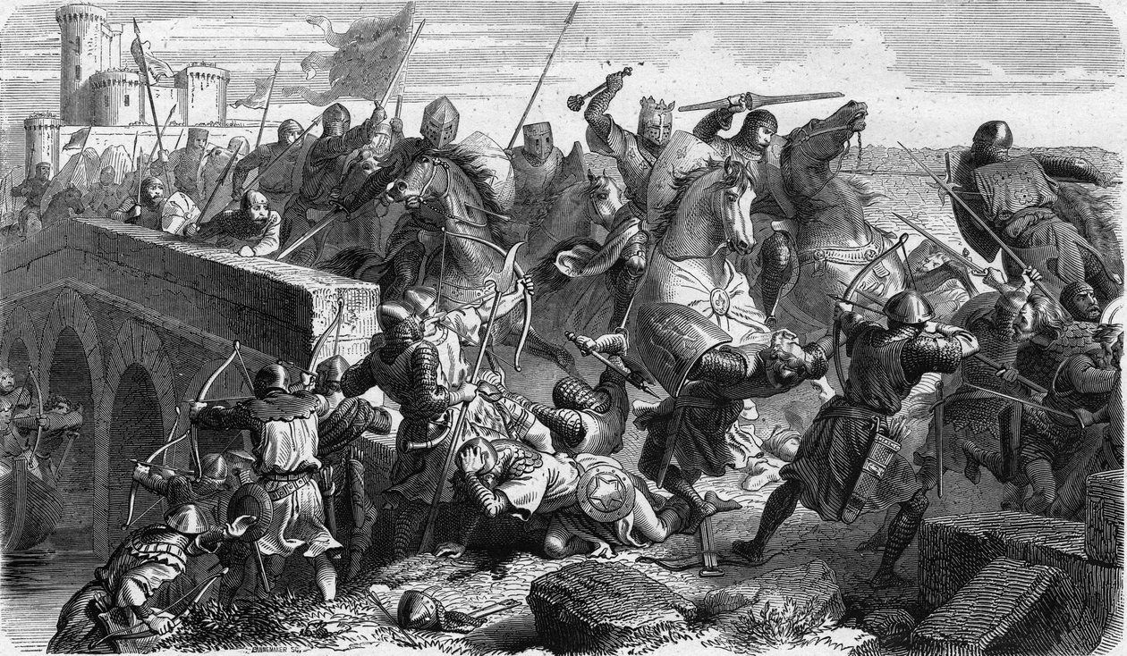 Taillebourgin taistelu, joka vastusti vuonna 1242 Ranskan kuninkaan Ludvig IX:n (Saint Louis, Saint Louis) ja hänen veljensä Poitiers Alphonsen kreivin, vasallikapinoidensa, Englannin Henrik III:n ja Lusignanin Hugues X:n kapetsialaiset joukot. tekijältä Unknown artist