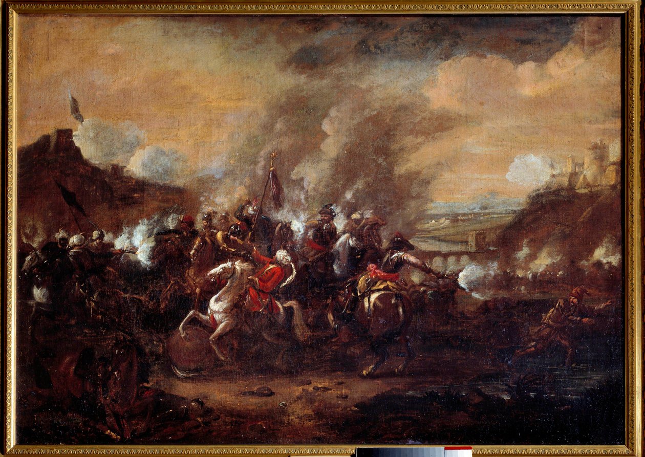 Wienin taistelu: "Turkkilaisten Wienin piirityksen lopettaminen syyskuussa 1683" Johannes III Sobieskin, Leopolid I:n ja Charles Lorrainelaisen johtaman kristillisen liittouman joukkojen voitto. Anonyymi maalaus 1600-luvulta. Nancy, museohistori tekijältä Unknown artist