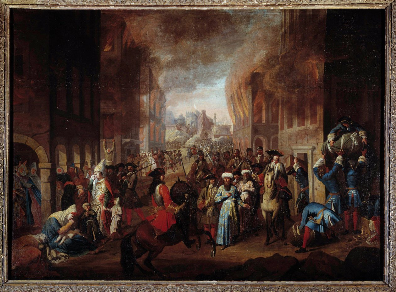 Wienin taistelu: "Turkkilaisten antautuminen Wienin piirityksessä syyskuussa 1683" Johannes III Sobieskin, Leopolid I:n ja Charles Lorrainelaisen johtaman kristillisen liittouman joukkojen voitto. Anonyymi maalaus 1600-luvulta Nancy, Musee histo tekijältä Unknown artist
