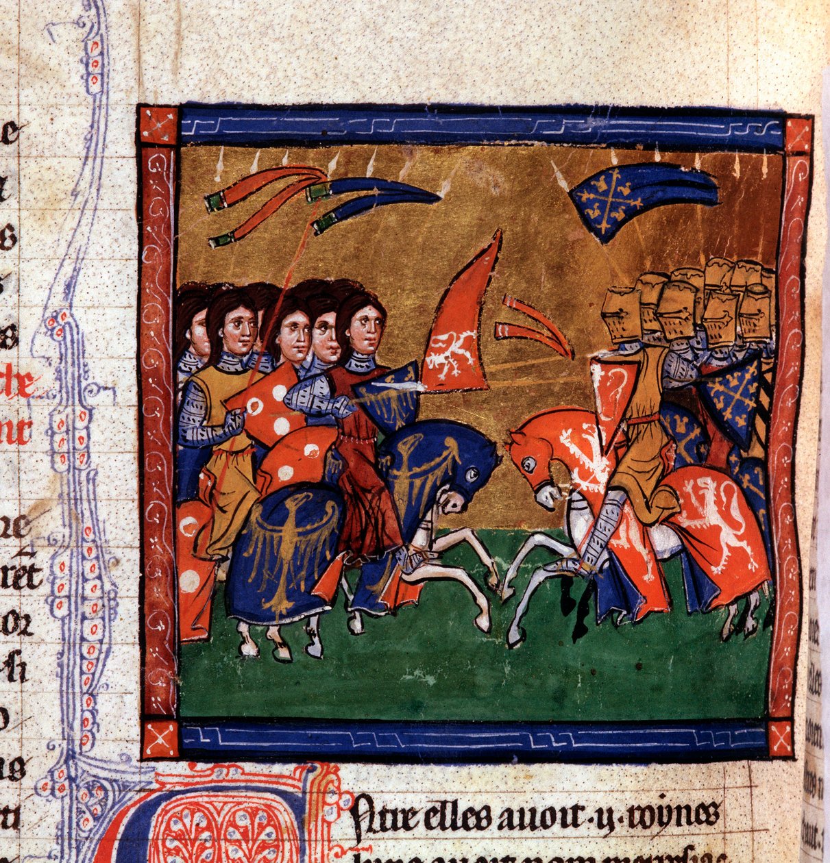 Soturien taistelu hevosen selässä amazoneja vastaan Miniatyyri käsikirjoituksesta "Ancient History to Cesar", kirjoittanut Saint John of Acre tekijältä Unknown artist