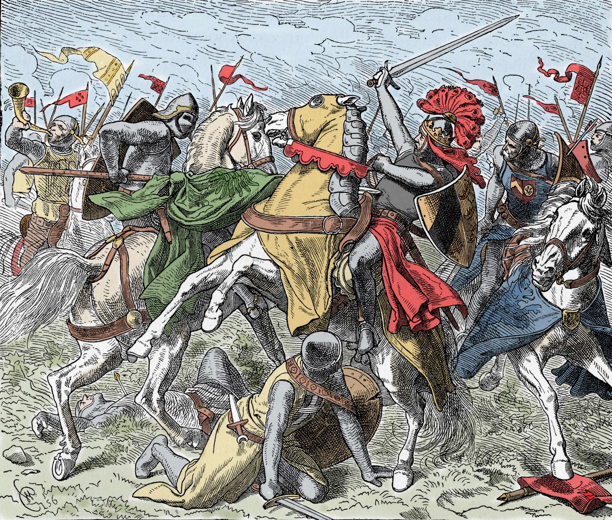 Taistelu Elsterillä: Rudolf Swabian kuolettavasti haavoittunut - Saksien kapina (1073-1075): Rodolph of Rheinfelden (n. 1025-1080), Swabian herttua ja roomalaisten antiking haavoittuu kuolemaan taistelussa lähellä Elsteriä, Henrik IV:n joukkoja vastaan tekijältä Unknown artist