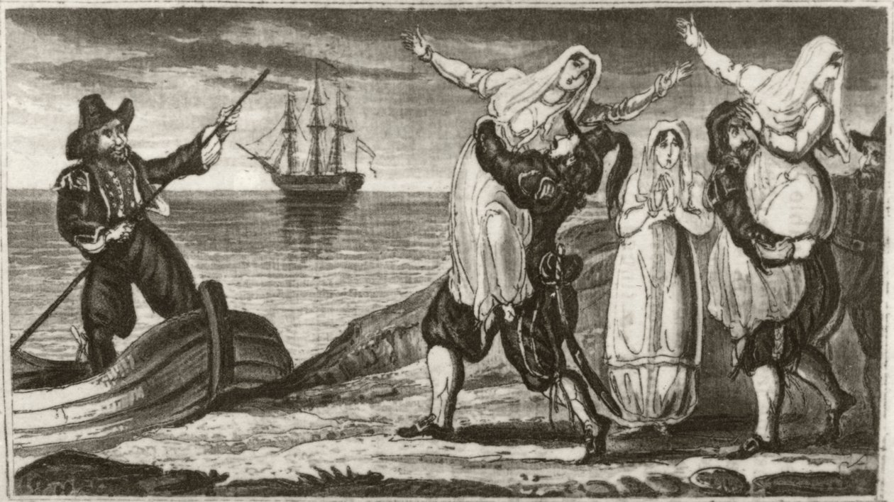 "Nokka hollantilaisen merirosvon ja hänen miehistönsä väkisin kantamassa nunnia espanjalaisesta luostarista" tekijältä Unknown artist