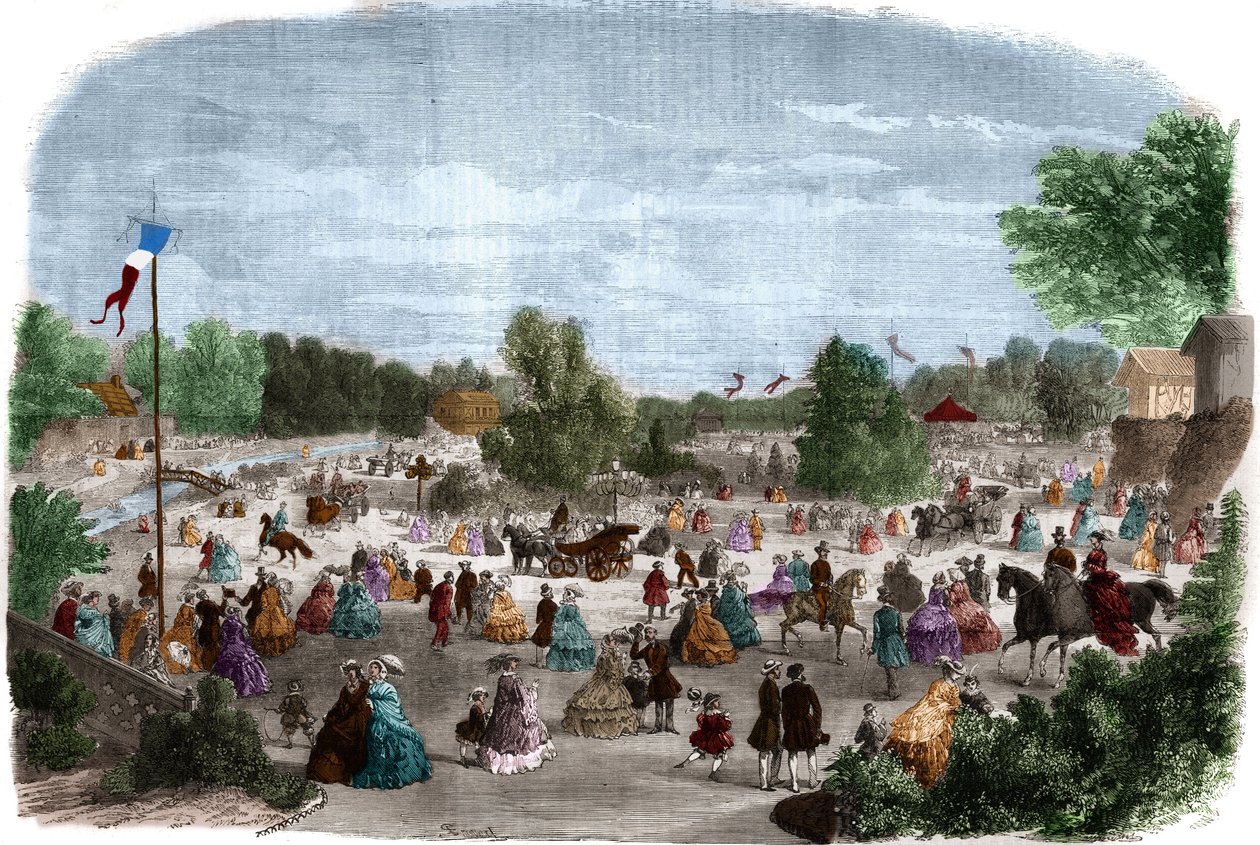 Kauniita päiviä Bois de Boulognessa Pariisissa. Kaiverrus "Maailmankaikkeudessa" tekijältä Unknown artist