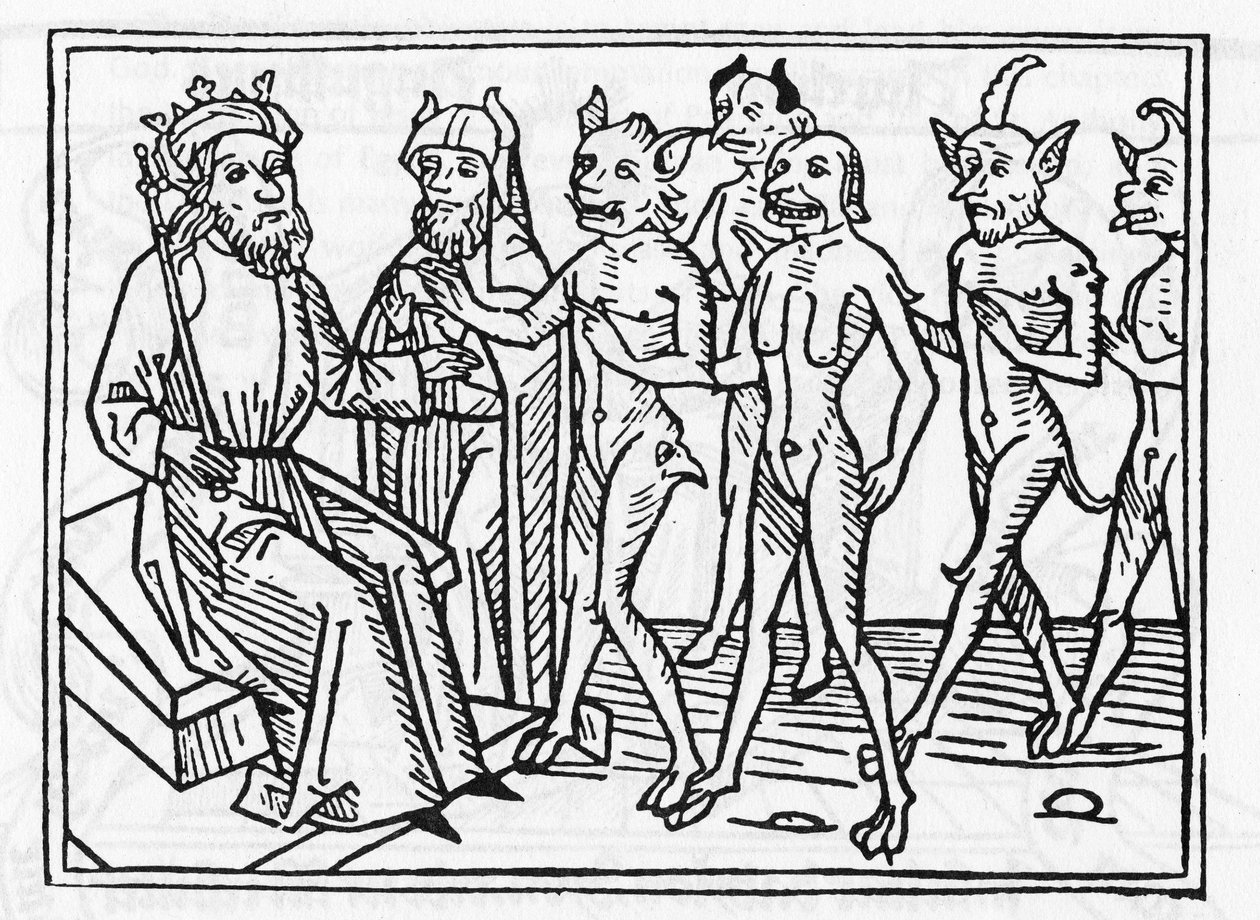 Belialin oikeudenkäynti: "Belial-demoni neljän muun demonin seurassa on tuomari Solomonin läsnä ollessa" "Kaiverrus Belialin oikeudenkäynnistä", kirjoittanut Jacobus de Teramo (tai Palladino), Ausburg tekijältä Unknown artist