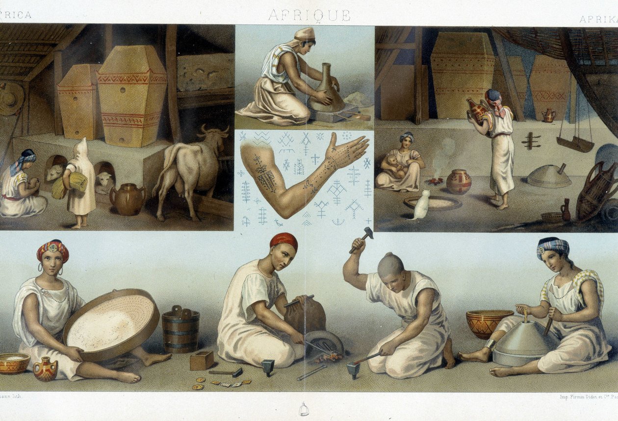 Berbers Kabyles: kodin sisustus Kabyle - teollisuus - tatuoinnit - Racinetin teoksessa "Le costume historique" tekijältä Unknown artist