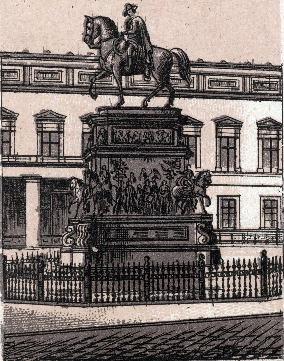 Berliini, Saksa: Frederic II Suuren patsas (Frederic the Great). kirjassa "" Maailma havainnollistaa 168 näkymää"" Päiväämätön (1800-luvun loppu) tekijältä Unknown artist