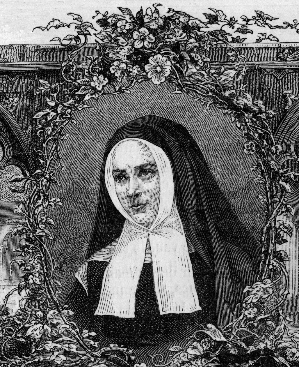 Bernadette Soubirous (1844-1879) uskonnollisessa asussa. Kaiverrettu vuodelta 1877. tekijältä Unknown artist