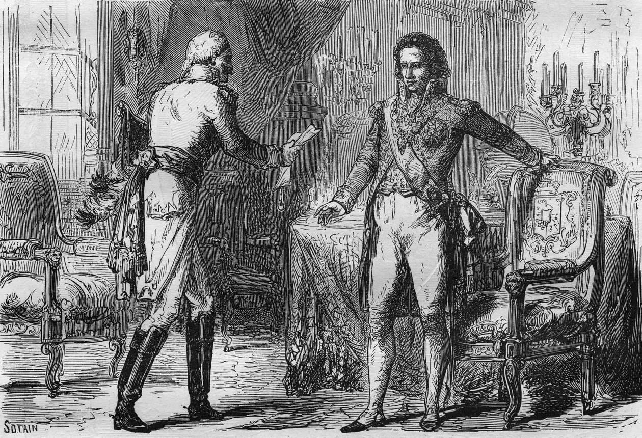 Bernadotten pettäminen - Jean Baptiste Jules Bernadotte (1763-1844) vastaanotti lähettilään (salaisen agentin) Preussista Tukholmaan, Ruotsiin 18. joulukuuta tekijältä Unknown artist