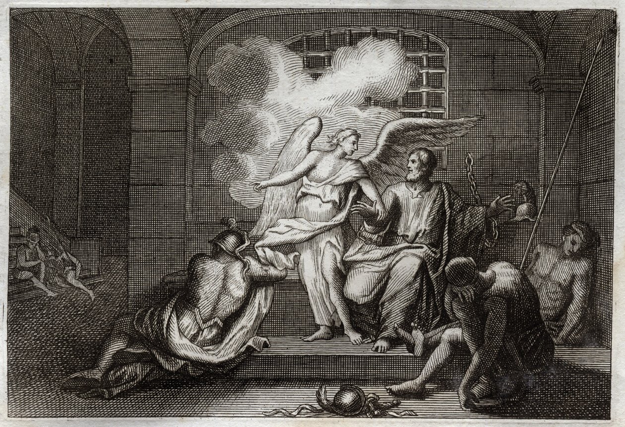 Royaumontin raamattu, Uusi testamentti: Saint Peter Delivre de vankila. Pyhä Pietari vapautuu vankilasta yöllä enkelin toimesta. Kuvitus vuodelta 1811. tekijältä Unknown artist