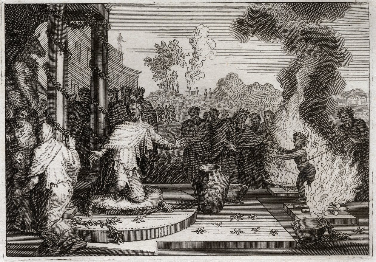 Royaumontin raamattu, Vanha testamentti: Ahaz Epäpyhä kuningas. Jumalaton Ahas, Juudan kuningas, ärsyttää Jumalaa ja joutuu vihollisten käsiin. Kuvitus vuodelta 1811. tekijältä Unknown artist