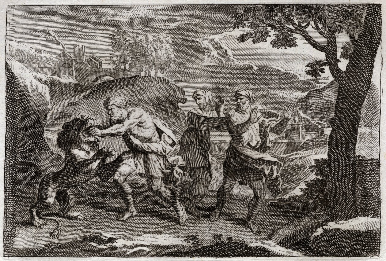 Royaumontin raamattu, Vanha testamentti: Simsonin syntymä. Simson repii leijonan palasiksi. Kuvitus vuodelta 1811. tekijältä Unknown artist