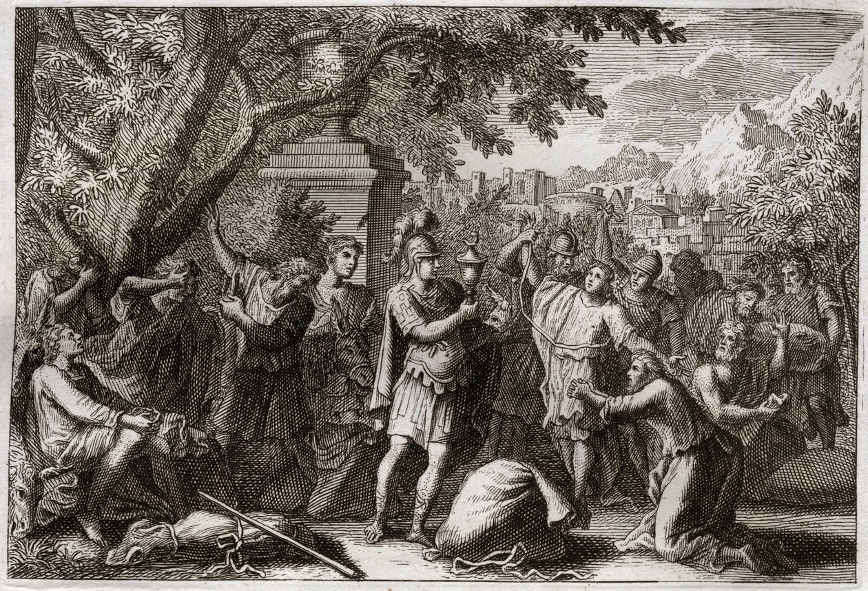 Royaumontin raamattu, Vanha testamentti: Joosefin veljet. Joosef laittaa veljensä vankilaan. Kuvitus vuodelta 1811. tekijältä Unknown artist