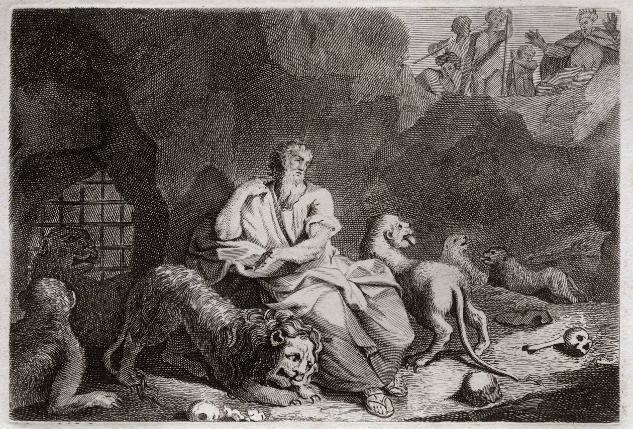 Royaumontin raamattu, Vanha testamentti: Daniel leijonien kuopassa. Daniel pannaan lionien kuoppaan ja on ihmeen kaupassa humalassa. Kuvitus vuodelta 1811. tekijältä Unknown artist