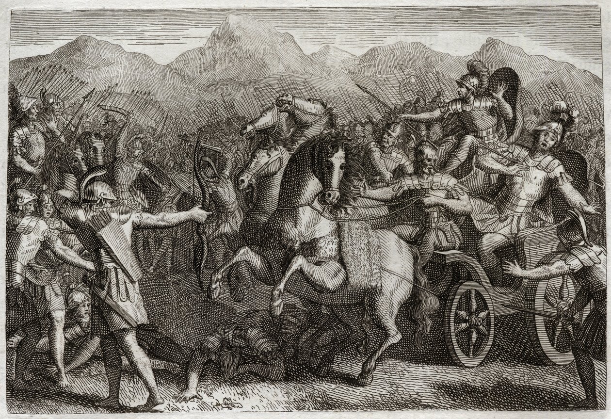 Royaumontin raamattu, Vanha testamentti: Ahabin kuolema. Ahab (Akhab) kävi sotaa Syyriaa vastaan, ja hänet tapettiin satunnaisella nuolella. Kuvitus vuodelta 1811. tekijältä Unknown artist