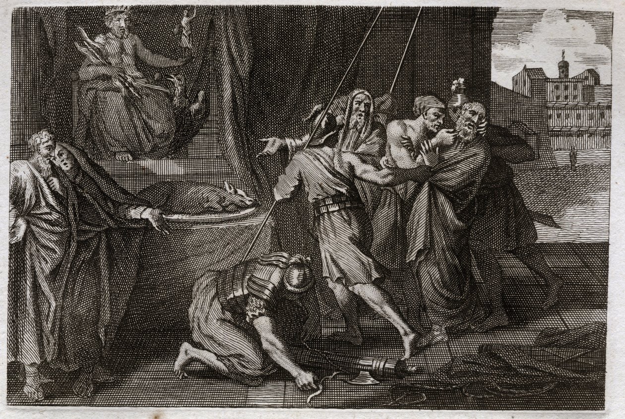 Royaumontin raamattu, Vanha testamentti: Eleasarin kuolema. Vanha pyhimys Eleazar tapettiin Antiokos IV Epiphanen (175-164 eKr.) käskystä, koska hän ei halunnut teeskennellä syövänsä puolustettua lihaa. Kuvitus vuodelta 1811. tekijältä Unknown artist