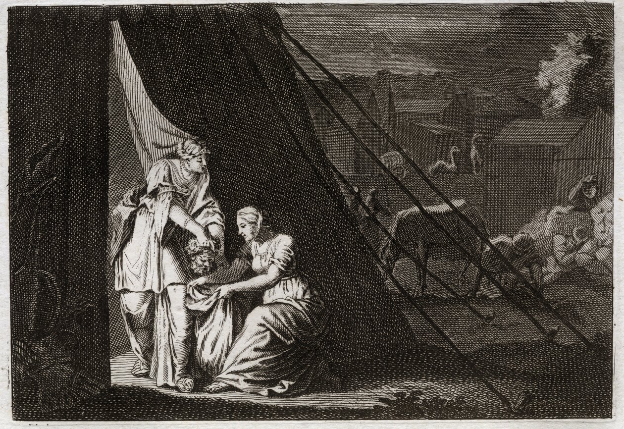 Royaumontin raamattu, Vanha testamentti: Holofernen kuolema. Judith leikkaa Holofernesin pään palvelijattaren Abran avustuksella ja juomakunnossa Bethulien. Kuvitus vuodelta 1811. tekijältä Unknown artist