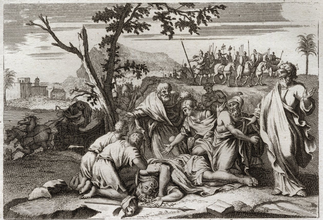 Royaumontin raamattu, Vanha testamentti: Pahan Antiokoksen kuolema. Kuningas Antiokhos IV Epiphanen (175–164 eKr.) kauhistuttava kuolema hevosen kaatumisen jälkeen. Kuvitus vuodelta 1811. tekijältä Unknown artist