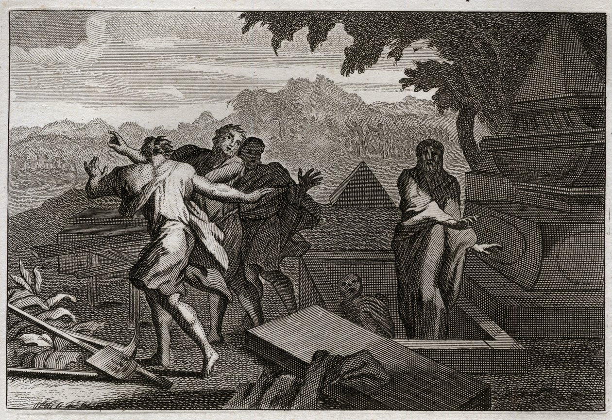 Royaumontin raamattu, Vanha testamentti: Kuolema nousee. Kuollut mies pudotettiin sattumalta Eliseen haudalle, ja hän heräsi henkiin koskettamalla luita. Kuvitus vuodelta 1811. tekijältä Unknown artist